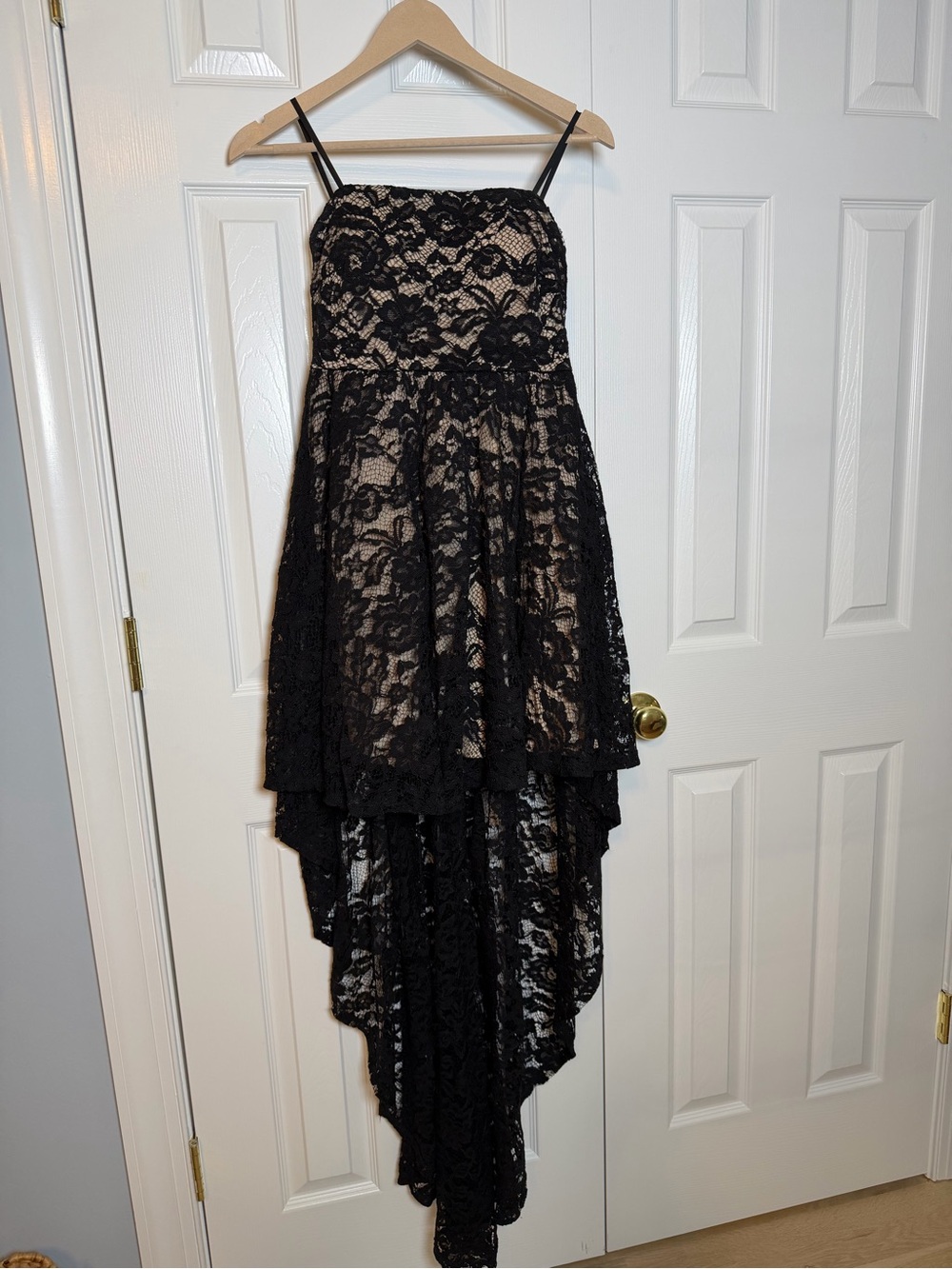 Sequin Hearts Black Lace High-Low Prom Dress